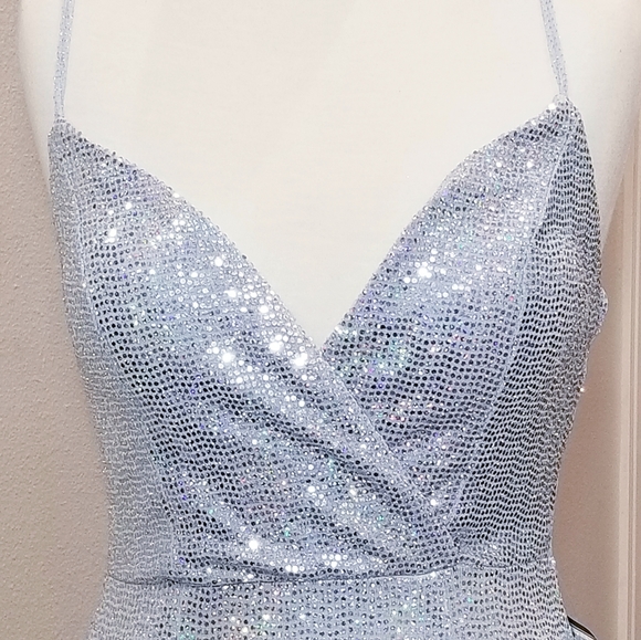 Mini Dress Size 7 Sequin Adjustable spaghetti straps blue Sky Beaded Fringe @hem - Picture 3 of 8